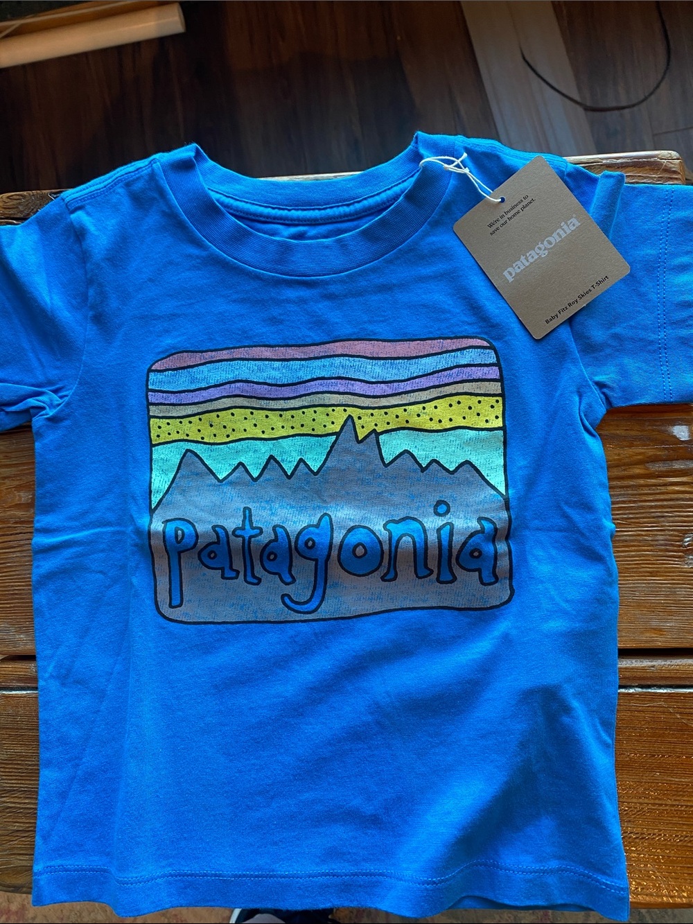 Patagonia Bright Blue Kids Graphic Tee with Rainbow Mountain Logo